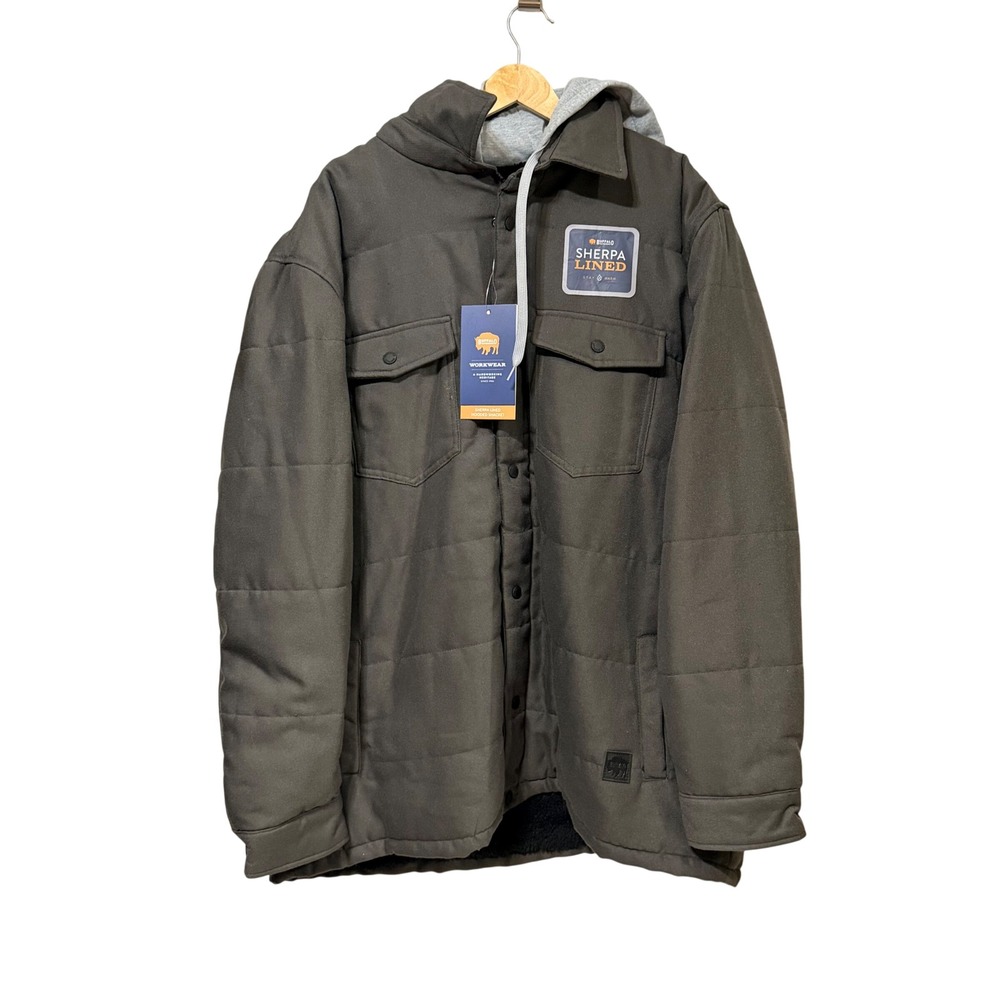 Buffalo Outdoors Men 2XL Sherpa Lined Hooded Shacket Olive Green Workwear Jacket